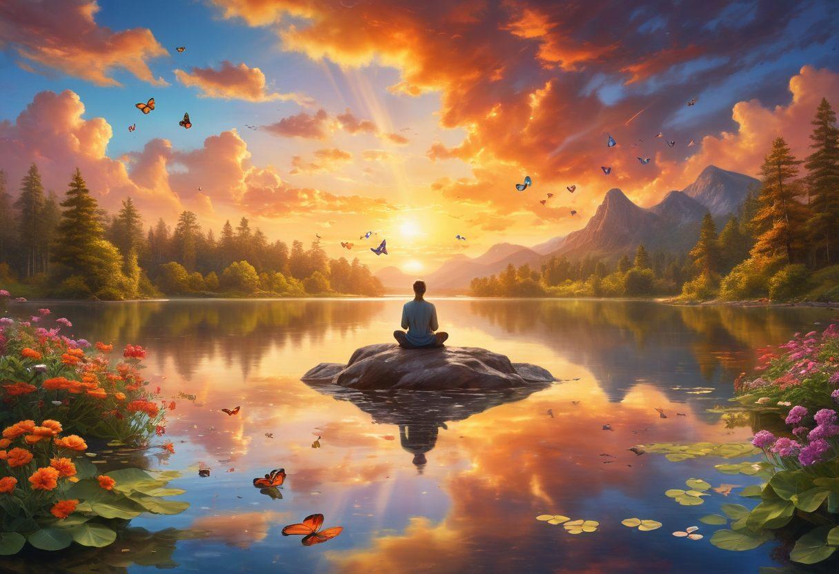 A serene landscape with a glowing sunrise casting warm golden light over a tranquil lake. In the foreground, a person meditates on a rock, surrounded by colorful flowers and butterflies, embodying joy and tranquility. Whimsical clouds shaped like smiling faces float in the sky, enhancing the feeling of happiness and mental upliftment. The scene radiates positivity and peace. vibrant colors. super-realistic.
