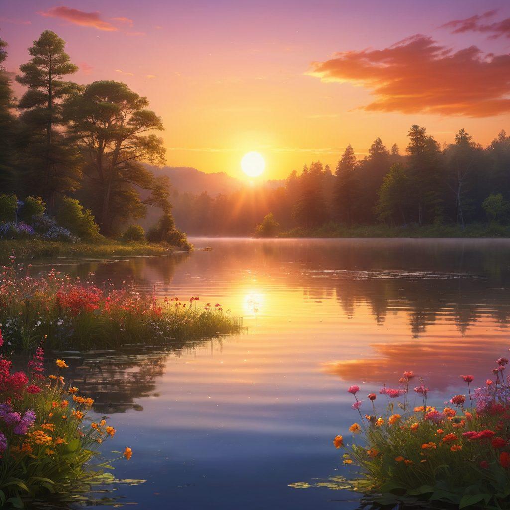 A serene landscape featuring a radiant sunrise over a peaceful lake, with vivid wildflowers blooming in the foreground. Include silhouettes of people practicing yoga and meditating, exuding joy and positivity. Incorporate soft glowing orbs of light symbolizing positive energy swirling around. Add warm, uplifting colors for a cheerful atmosphere. super-realistic. vibrant colors. nature-inspired.