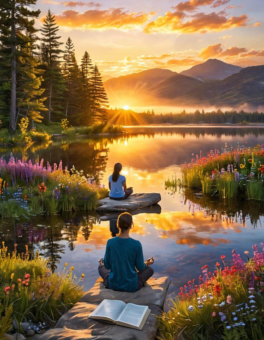 A serene landscape featuring a golden sunrise over a tranquil lake, with a person meditating on the shore surrounded by colorful wildflowers. Soft beams of light illuminate the scene, symbolizing happiness and peace. In the foreground, a journal and pen lie open, encouraging self-reflection and positivity. Choose vibrant colors and a dreamy atmosphere to evoke joy and tranquility. super-realistic. vibrant colors.